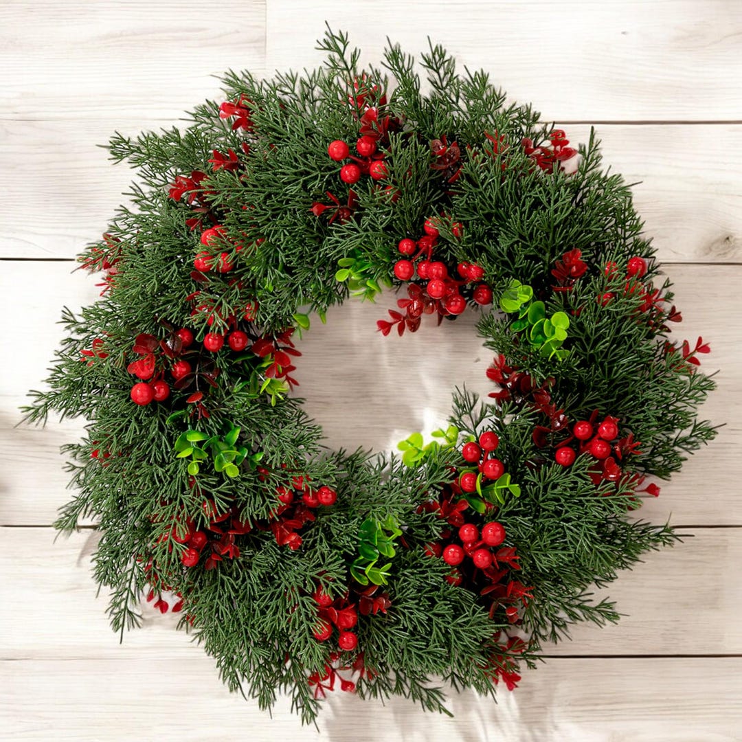Christmas Wreath Pine Needle Wreath Red Berry Wreath Front Door Decor ...