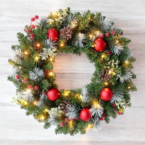 Pine Cone Door Christmas Wreath, Red Fruit Leaf Pine Cone Ornaments, Christmas Holiday Lighting Wreath, Garland Wreath Christmas Decoration