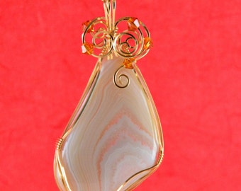 Brazilian Agate * pendant, white, striped, teardrop, with crystals, 14k Gold Filled wire P258