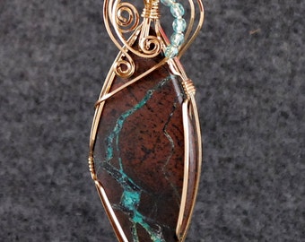 Ribbon Turquoise * Pendant Wire Wrapped  from Nevada, 14k Gold Filled Wire, Brown Stone Turquoise Stripe 3" x1" seed beads  - P266