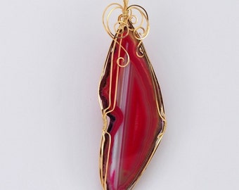 Large pink dyed Agate * pendant with 14k Gold Filled wire wrap - P71a