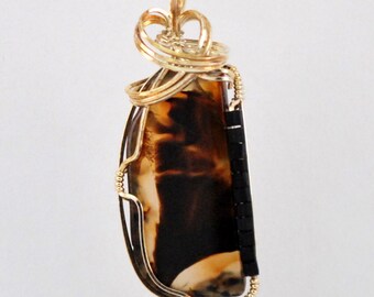 Montana Agate freeform * pendant with Sterling Silver wire wrap and Black seed beads - P155