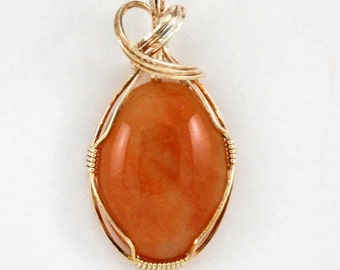 Oval Peach color agate * pendant with Sterling SIlver wire wrap - P136