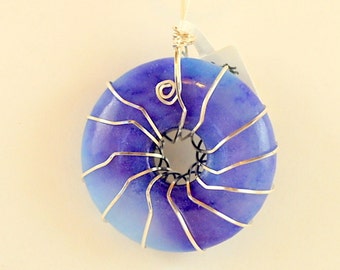 Reversible Glass Donut * Pendant Light and Dark Blue Wire Wrapped Sterling Silver 2" x 1 5/8" P291