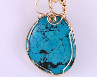 Beautiful Turquoise * pendant wrapped with 14k Gold Filled wire and beads - P175