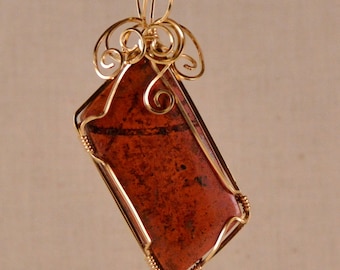 Cuprite rectangular * pendant, rust red, 14k Gold Filled wire, P248