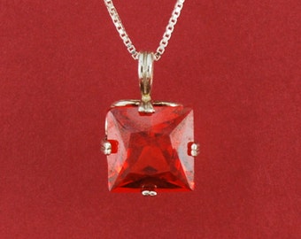 Square Padparadsha sapphire * pendant, Sterling silver setting and chain -N25