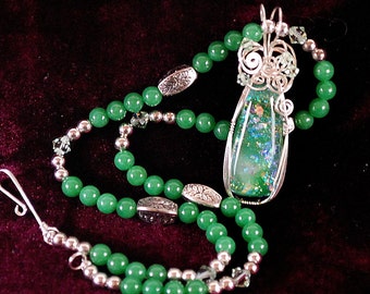 Green Dichroic Glass * pendant, necklace, Malaysian Jade, crystals, Sterling silver wire wrap - N51
