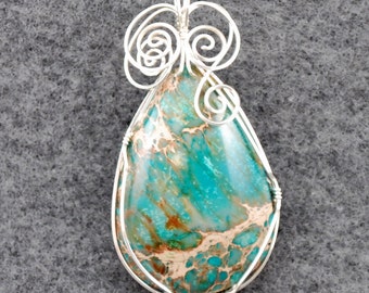 Aqua Terra Jasper * pendant, turquoise, brown, tan with Silver wire wrap - P202