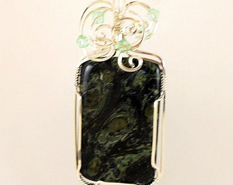 Dark-Green Moss Agate * Pendant Necklace Rectangular Sterling Silver Crystals Wire Wrap highly polished shiny smooth-P294