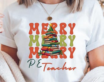 Personalized PE Teacher Christmas Tshirt is the perfect Holiday gift for PE Teacher, bright outfit, holiday  photos, and Christmas pajamas