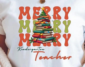 Personalized Kindergarten Teacher Christmas Tshirt is the perfect Holiday gift for Teacher, bright outfit for photos, and Christmas pajamas