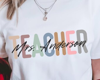 Comfort Colors® Family or Name Custom Teacher TShirt Christmas gifts for her, bright Holiday outfit for photos, or cute Christmas pajamas