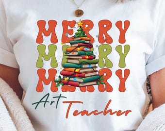 Personalized Art Teacher Christmas Tshirt is the perfect Holiday gift for Art Teacher, bright outfit, holiday photos, and Christmas pajamas