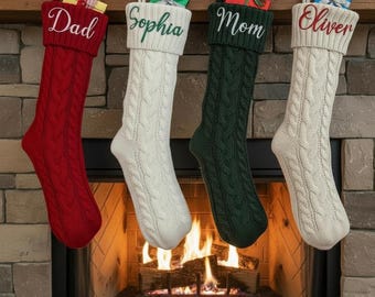 Medias navideñas para mamá y papá, medias navideñas con nombre bordado, medias navideñas familiares personalizadas, medias tejidas con nombre, vacaciones
