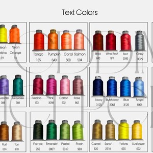 Puede incluir: Una carta de colores que muestra varios colores de hilo, cada uno con un nombre y un n&uacute;mero. Los colores incluyen rosa ne&oacute;n, verde, amarillo, naranja, rojo y azul. El texto "Text Colors" est&aacute; en la parte superior.