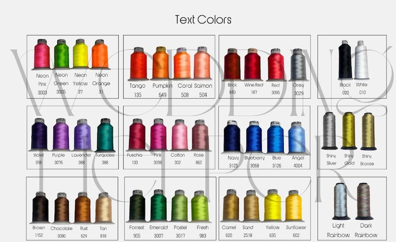 Puede incluir: Una carta de colores que muestra varios colores de hilo, cada uno con un nombre y un n&uacute;mero. Los colores incluyen rosa ne&oacute;n, verde, amarillo, naranja, rojo y azul. El texto "Text Colors" est&aacute; en la parte superior.