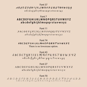 May include: A beige background displays seven font samples. Each sample shows uppercase and lowercase alphabets, with font names like "Font 37" and "Font 7". Font 74 lacks lowercase letters. The fonts vary in style, from cursive to bold.