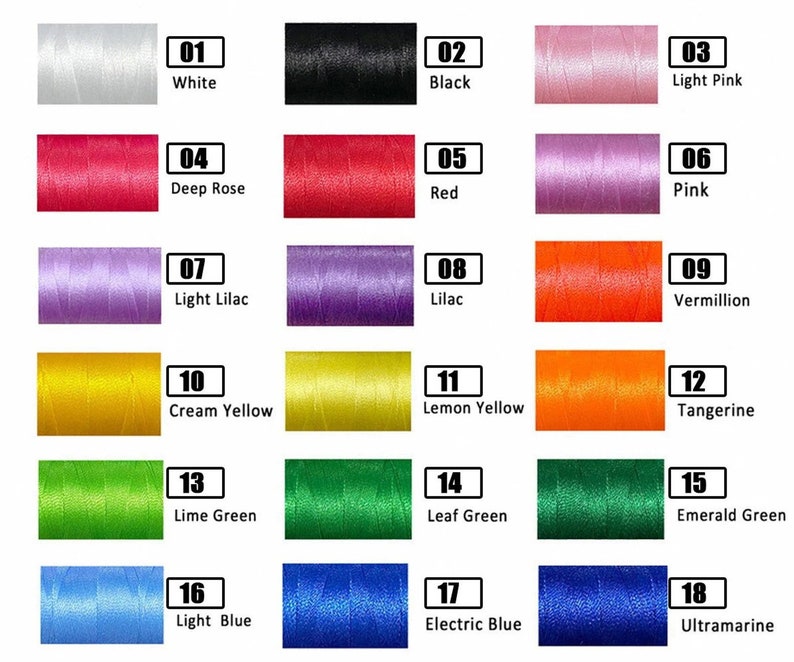 May include: A color chart displaying 18 spools of thread in various colors. Colors include white, black, light pink, deep rose, red, pink, light lilac, lilac, vermillion, cream yellow, lemon yellow, tangerine, lime green, leaf green, emerald green, light blue, electric blue, and ultramarine.