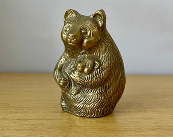 vintage brass bear with baby figurine, panda bear