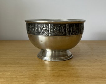 vintage norsk tinn viking scenes norwegian pewter bowl, astri holthe design