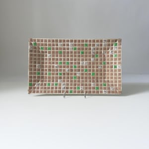 mid century mosaic tray / platter, tan, green, gold tiles