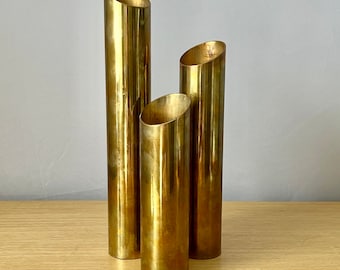 vintage mid century cylindrical brass candle holder set, danish