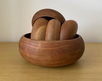 danish modern teak salad set, serving bowl and four salad bowls