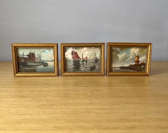 lot de 3 mini gravures encadrées vintage, bord de mer hollandais européen, voiliers et moulins à vent