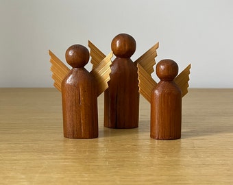 set of 3 wooden angel figurines, modernist scandinavian style