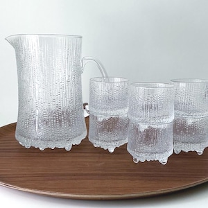 mid century iittala finland ultima thule set, 50 oz pitcher and 6 liqueur glasses, tapio wirkkala