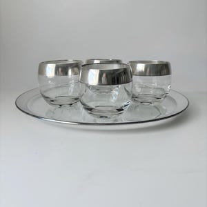 mid century modern dorothy thorpe silver band roly poly glasses and serving tray / platter
