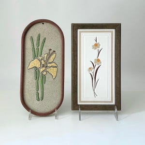 vintage ceramic wall hangings / plaques, floral design, yellow and brown, set of 2
