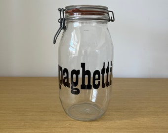 vintage large 2 liter glass spaghetti storage jar canister, typography