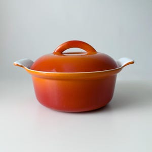 vintage descoware belgium round casserole, flame red orange enamel on cast iron