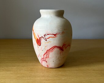 nemadji pottery vase, orange, red swirls