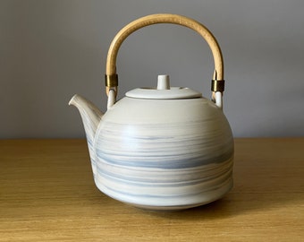 vintage rosenthal germany ceramic teapot with bent wood handle, queensberry marble campana blue