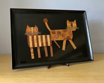 vintage large mid century couroc of Monterey cat platter, inlaid wood