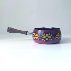vintage small butter melter sauce pan with floral design and wooden handle, european enamel