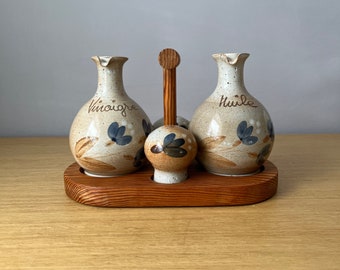 vintage french pottery, gres du marais oil, vinegar, salt, and pepper set