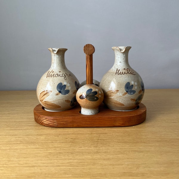 vintage french pottery, gres du marais oil, vinegar, salt, and pepper set