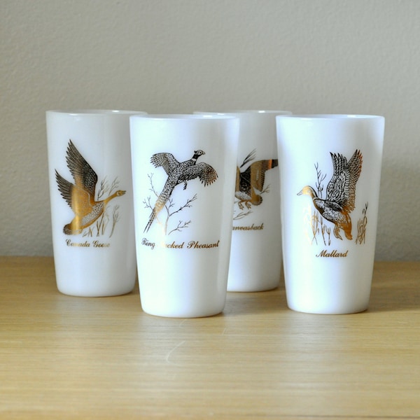 set of four mid century tumblers, game birds, gold on milk glass