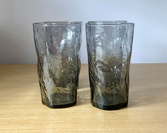 set of four morgantown smoke crinkle flat iced tea glasses, mid century smoky gray tumblers