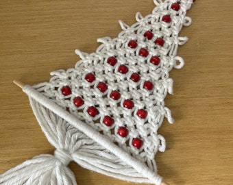 vintage white macrame christmas tree with red beads, wall hanging