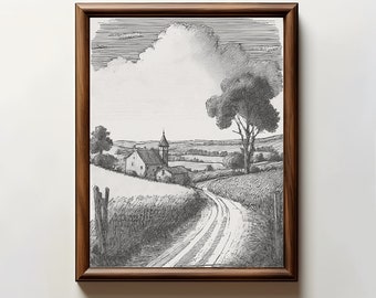 Minimalist Countryside Wall Art Sketch | Neutral Decor | Rustic Print | Fine Art Print