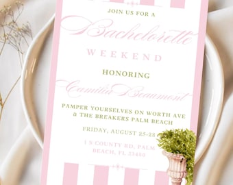 Tropical Pink and White Palm Beach Inspired Bachelorette Invitation, Pink and White Stripes, Coastal Bridal invite, Instant Download