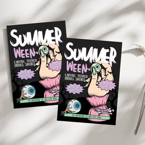 May include: Two black and white invitations for a "Summer Ween" party. The invitations feature a hand holding a googly eye with a pink and purple nail. The text on the invitations reads "Summer Ween" and "Carving, Themed Drinks, Smores". The invitations also include the date "July 10, 2025" and the time "Starts at 7PM".