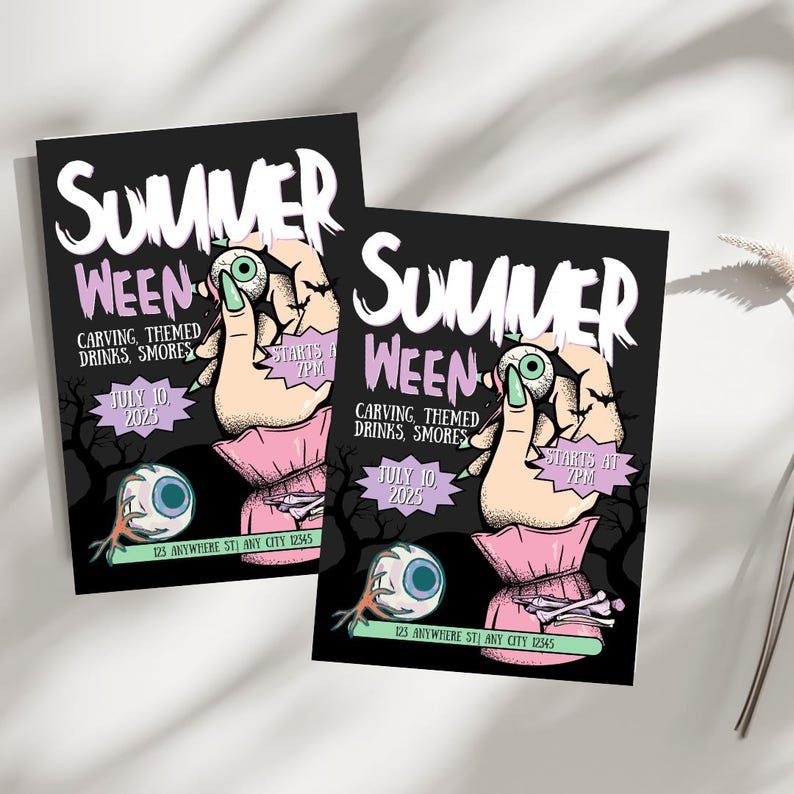 May include: Two black and white invitations for a "Summer Ween" party. The invitations feature a hand holding a googly eye with a pink and purple nail. The text on the invitations reads "Summer Ween" and "Carving, Themed Drinks, Smores". The invitations also include the date "July 10, 2025" and the time "Starts at 7PM".
