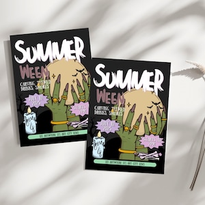 May include: Two black and white flyers with a green hand holding a crystal ball. The flyers advertise a "Summer Ween" event with the text "Carving, themed drinks, smokes" and "July 10, 2025" and "Starts at 7PM".