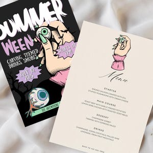 May include: A black and white invitation for a summer themed Halloween party. The invitation features a hand holding a cartoon eyeball with a green iris and a pink eyelid. The text on the invitation reads "Summer Ween" and "Carving, Themed Drinks, Smores" and "July 10, 2025" and "Starts at 7PM" and "123 Anywhere".